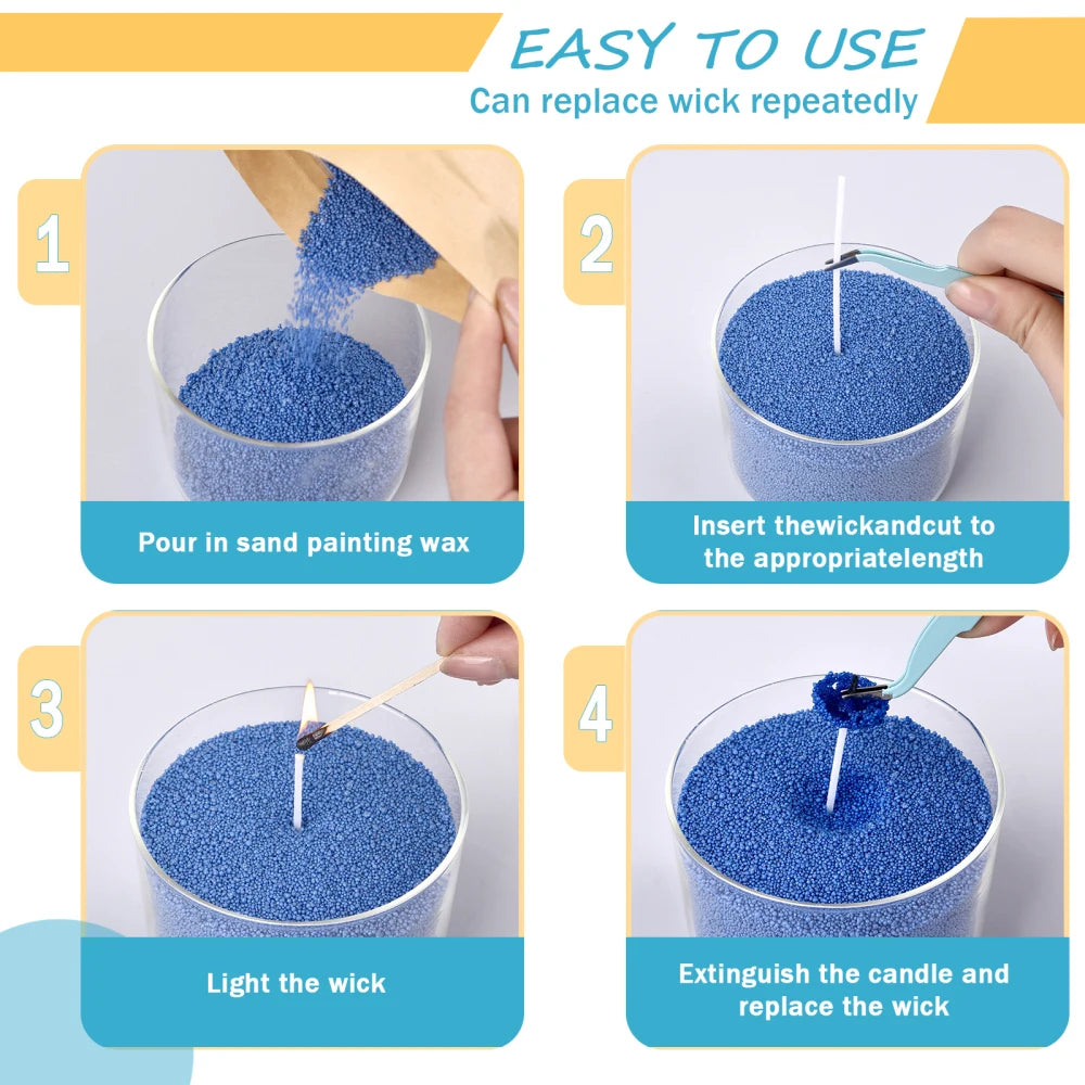 Easy to use Nutshell colored candle sand with wick insertion and lighting steps for candle making
