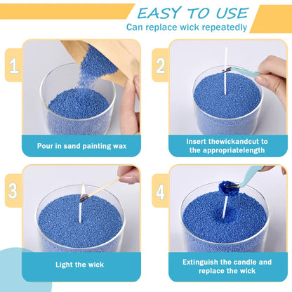 Easy to use Nutshell colored candle sand with wick insertion and lighting steps for candle making
