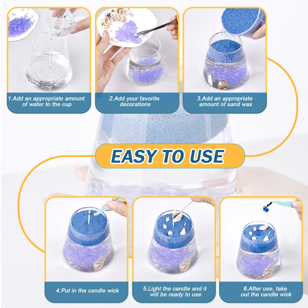 Step-by-step guide showing how to make a decorative candle using colored candle sand with water, decorations, and wick