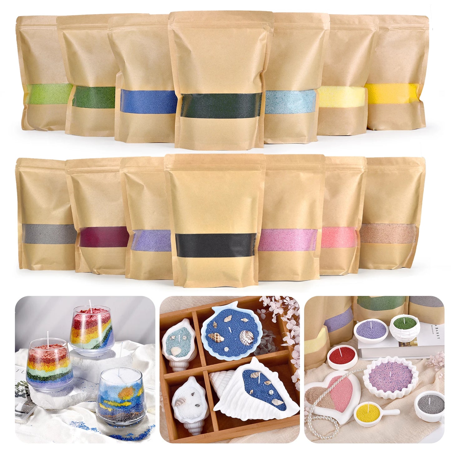 Nutshell colored candle sand packs in various colors and creative candle designs using colored candle sand