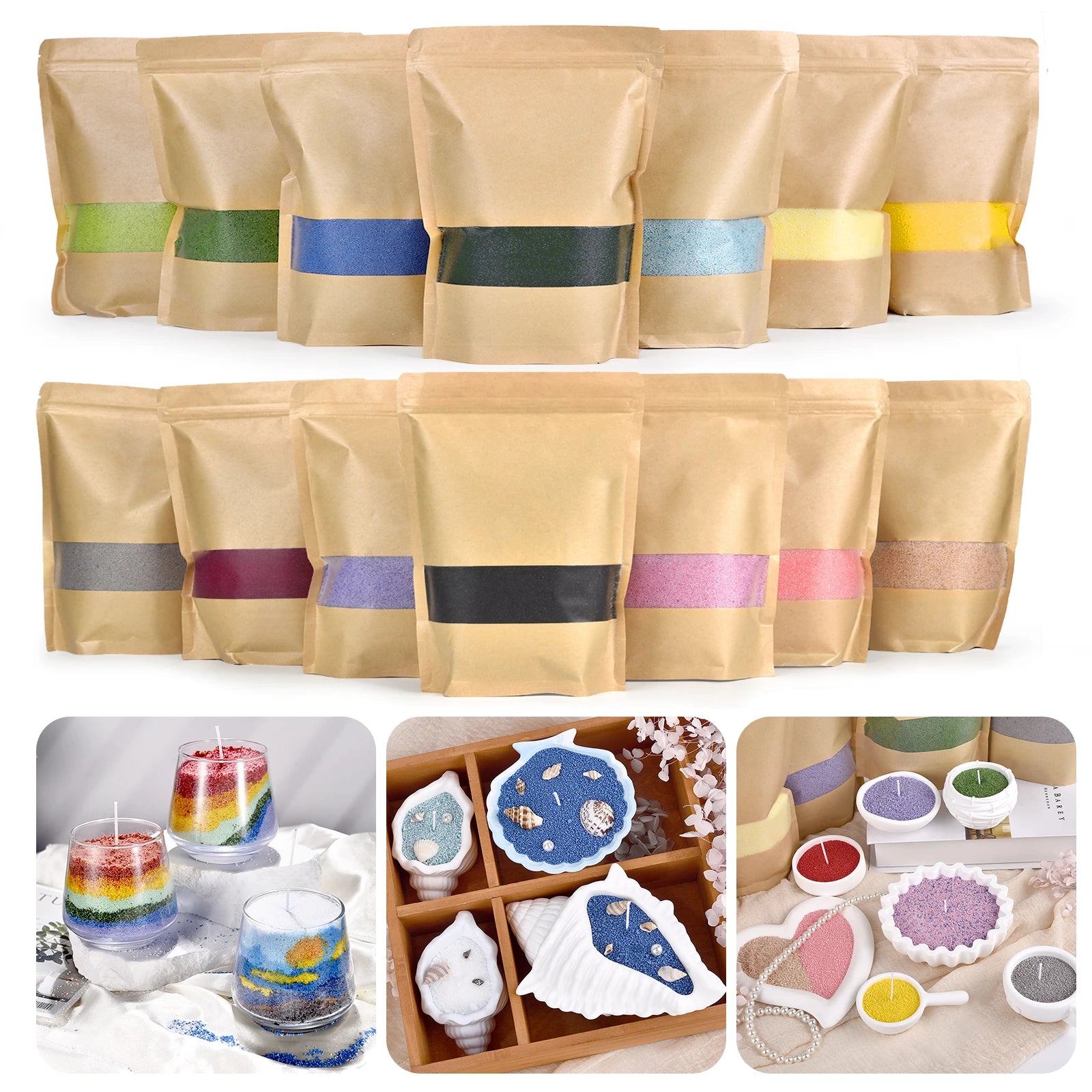 Nutshell colored candle sand packs in various colors and creative candle designs using colored candle sand