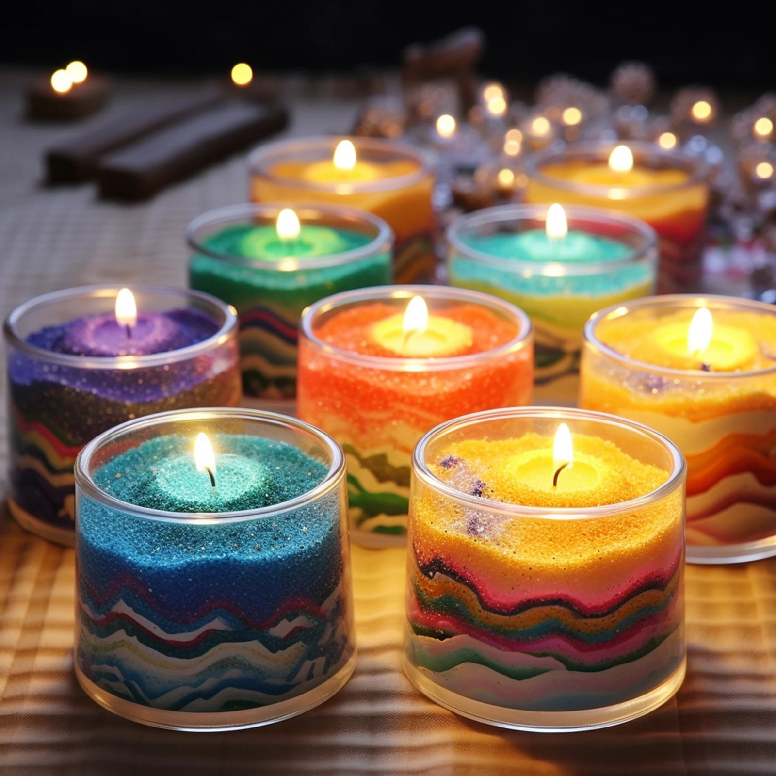 Nutshell colorful candles made with layered colored candle sand glowing on a table