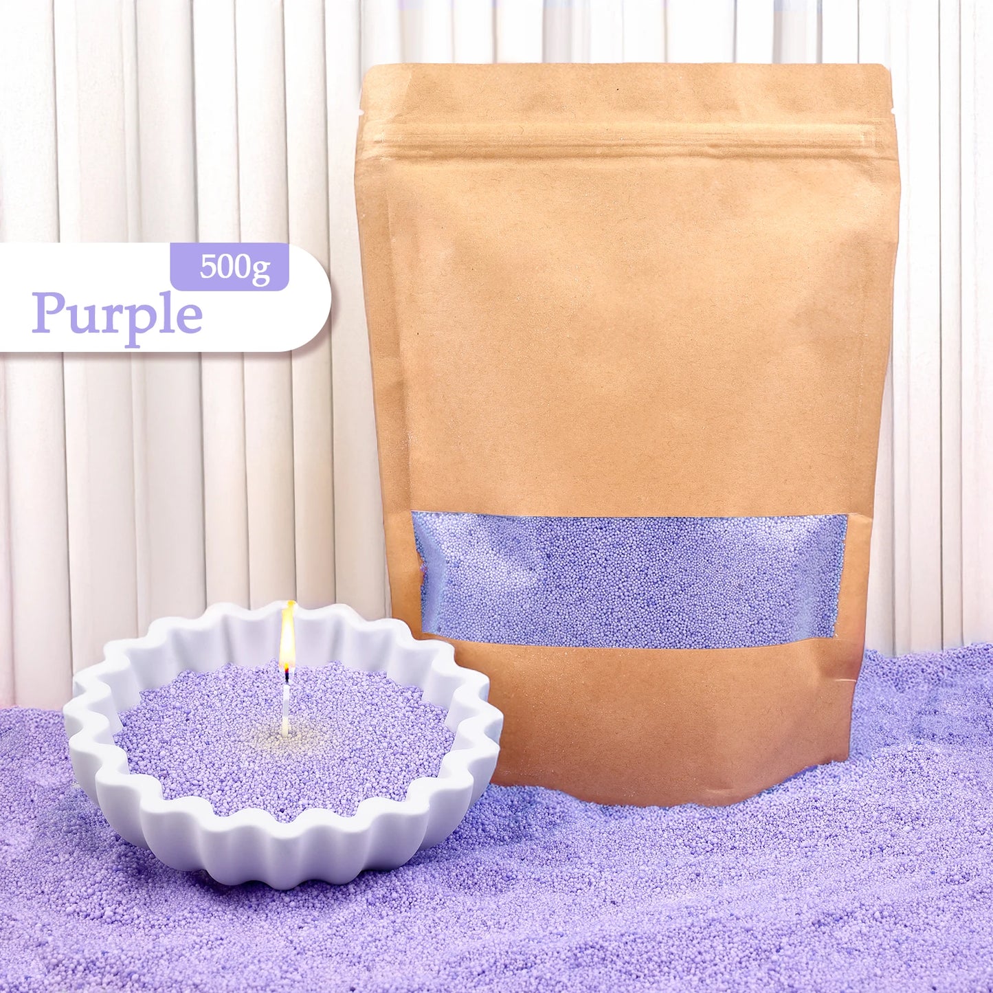 Nutshell purple colored candle sand 500g in brown bag and white scalloped candle holder