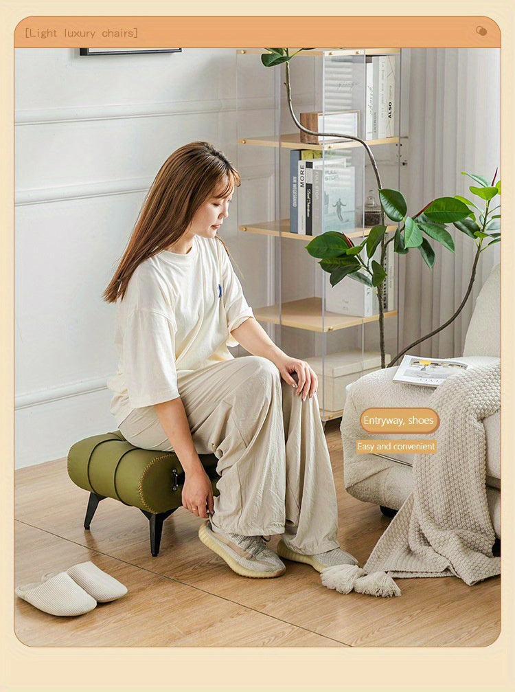 Nutshell comfortable faux leather footrest in a cozy living space with a woman seated nearby