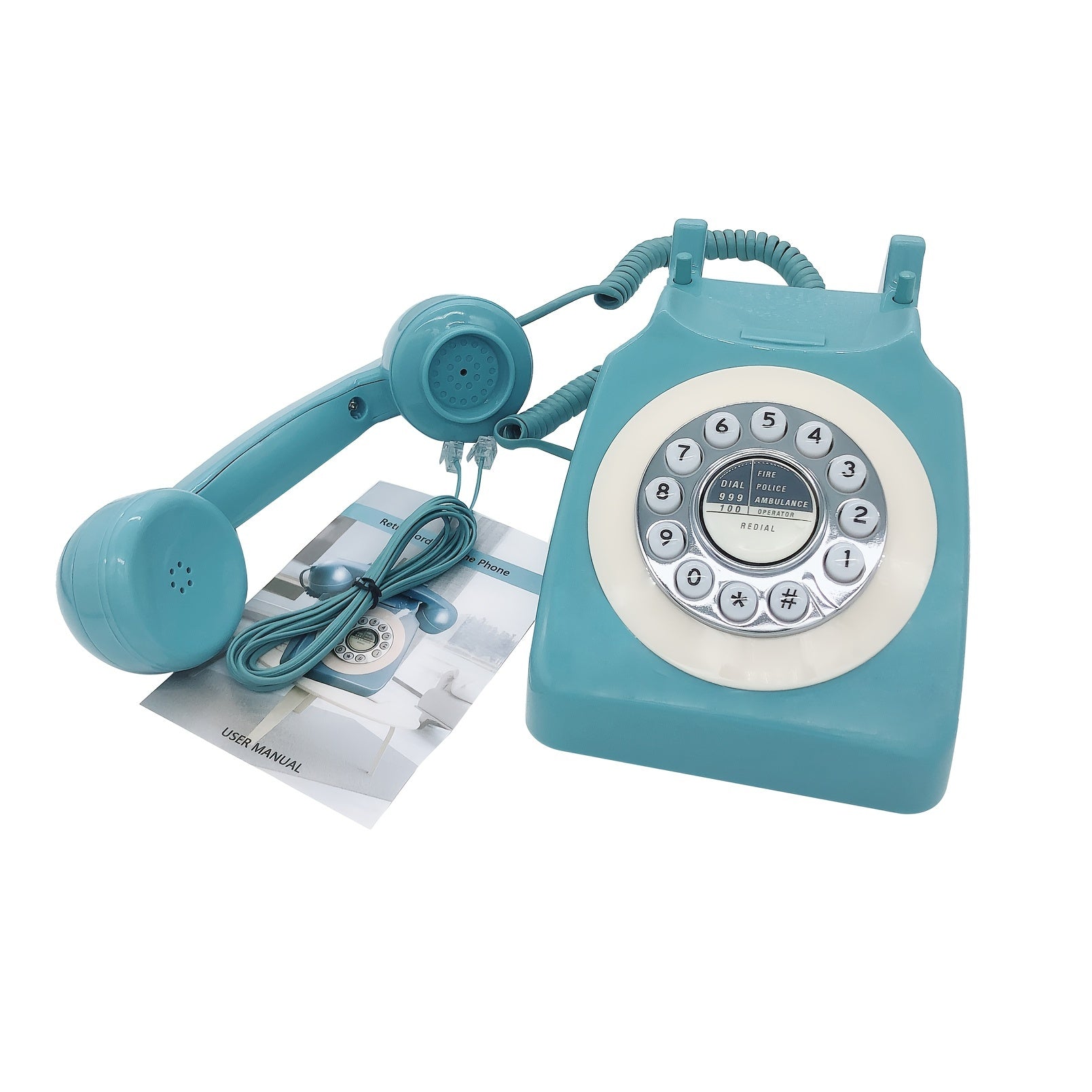 Nutshell Corded Retro Phone in turquoise color with rotary dial and handset for vintage decor