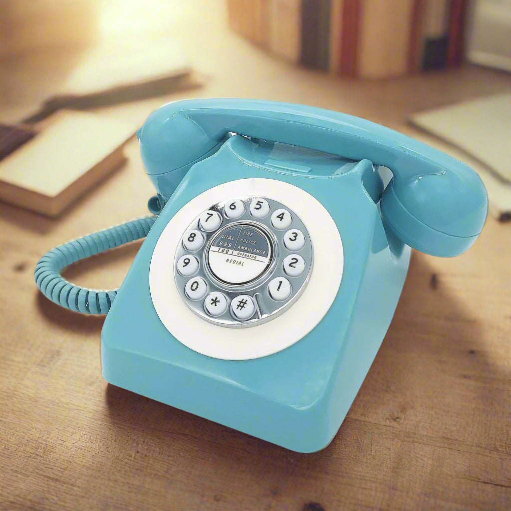 Nutshell Corded Retro Phone in Turquoise with Classic Rotary Dial Design
