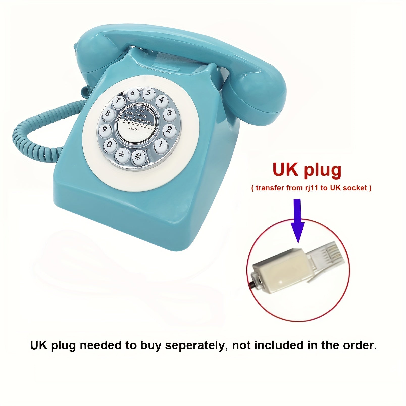 Vintage turquoise corded retro phone with rotary dial and UK plug compatibility