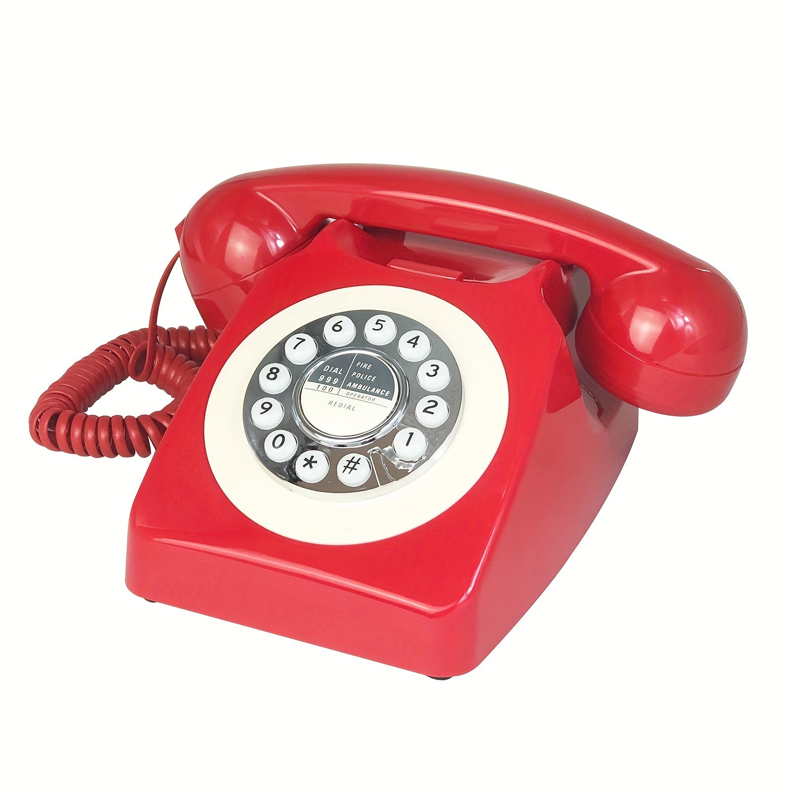 Nutshell Corded Retro Phone in vibrant red with rotary dial and coiled handset cord