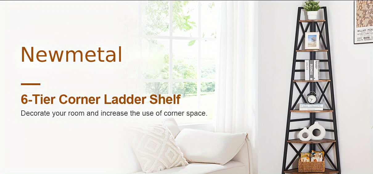 6-Tier Rustic Brown Corner Bookshelf with a stylish ladder design for maximizing corner space
