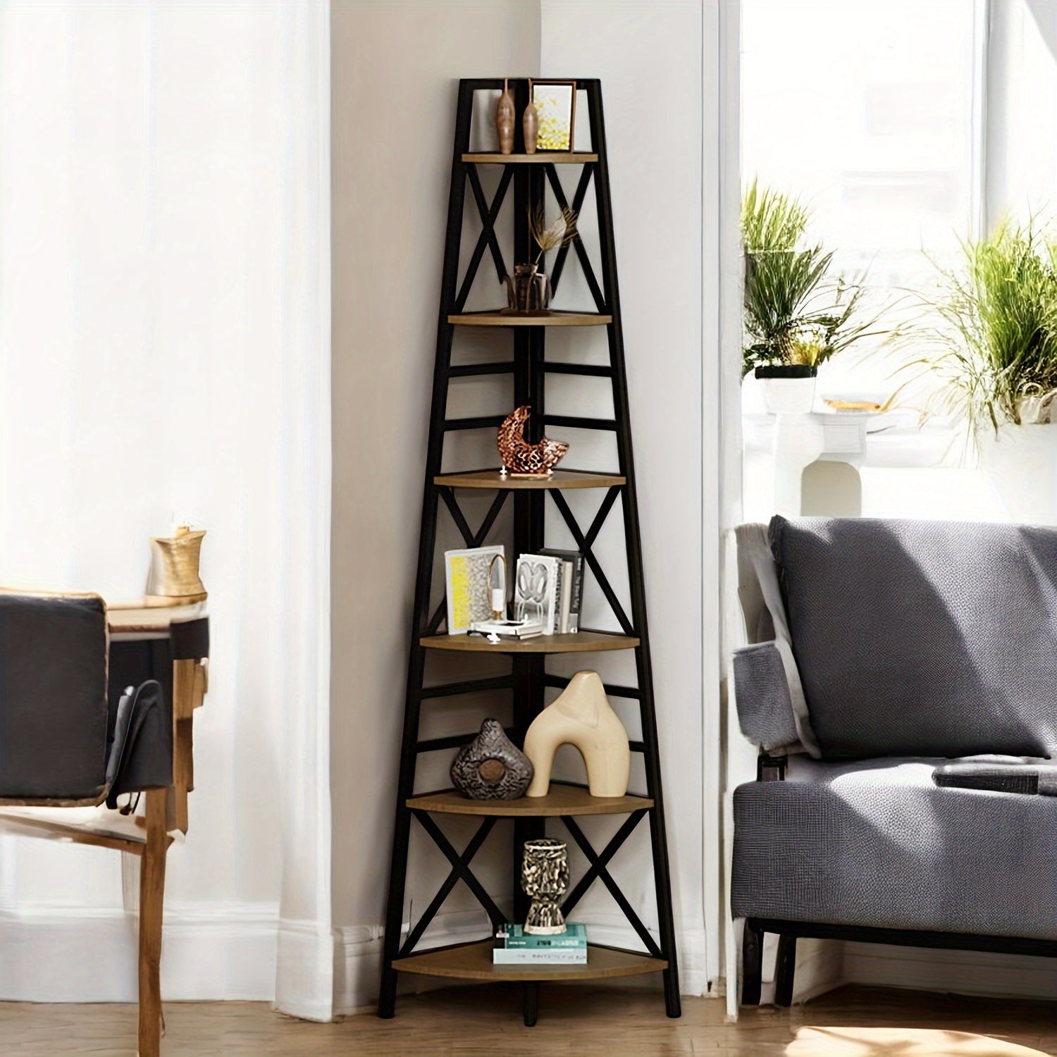 6-Tier Rustic Brown Corner Bookshelf with Stylish Design and Display Space for Home Decor
