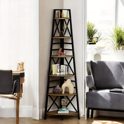 6-Tier Rustic Brown Corner Bookshelf with Stylish Design and Display Space for Home Decor
