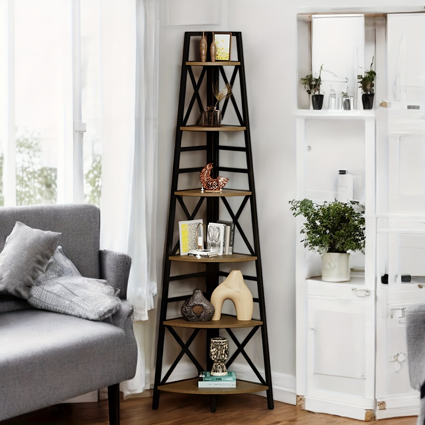 6-Tier Rustic Brown Corner Bookshelf for stylish space-saving storage and decor