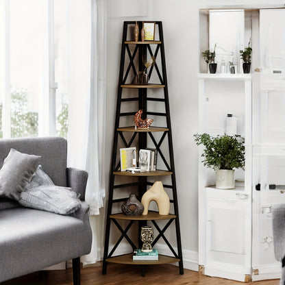 6-Tier Rustic Brown Corner Bookshelf for stylish space-saving storage and decor