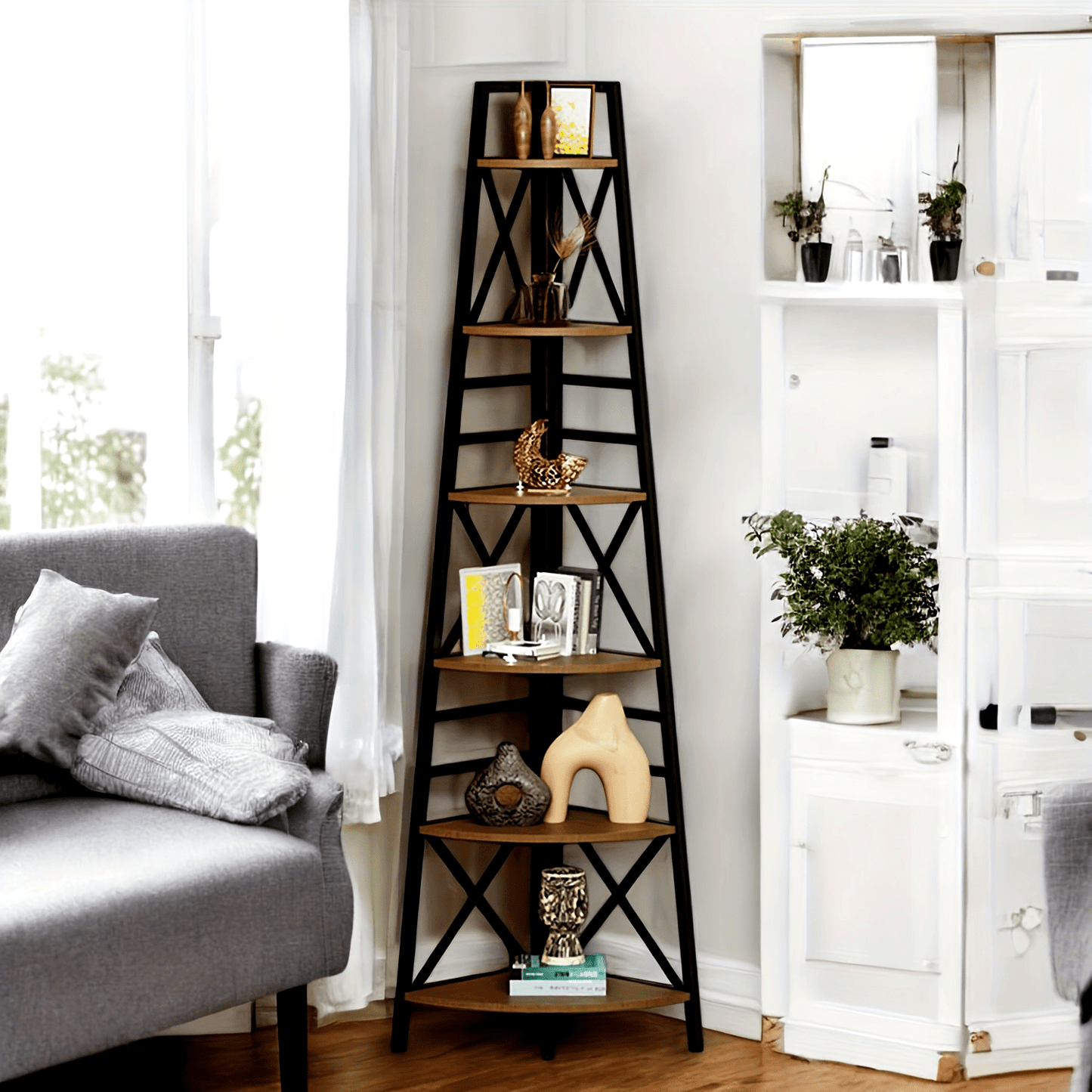 6-Tier Rustic Brown Corner Bookshelf with elegant design for stylish home organization