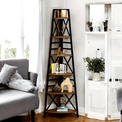 6-Tier Rustic Brown Corner Bookshelf with elegant design for stylish home organization