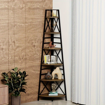 6-Tier Rustic Brown Corner Bookshelf featuring a stylish triangular design and ample storage space
