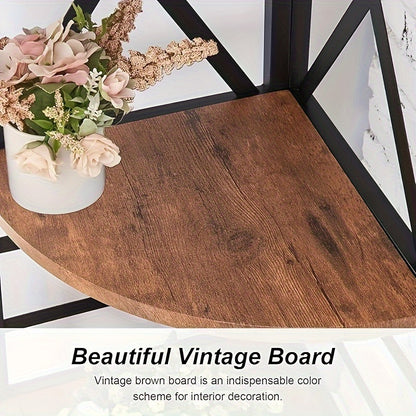 6-Tier Rustic Brown Corner Bookshelf featuring a vintage design and stylish flower arrangement