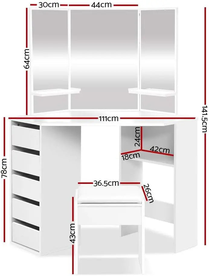 Nutshell Corner Vanity Desk 5 Drawers in White with Mirrors and ample storage space