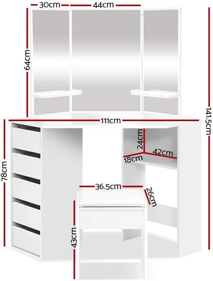 Nutshell Corner Vanity Desk 5 Drawers in White with Mirrors and ample storage space