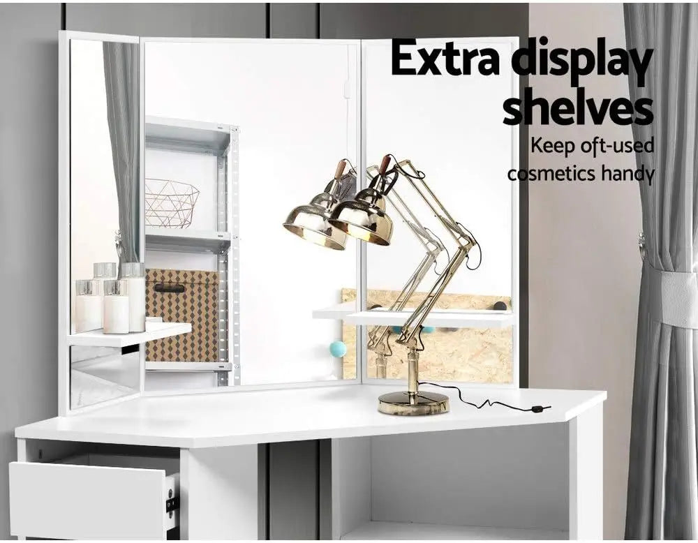 Nutshell Corner Vanity Desk 5 Drawers with extra display shelves and a stylish lamp for cosmetic organization