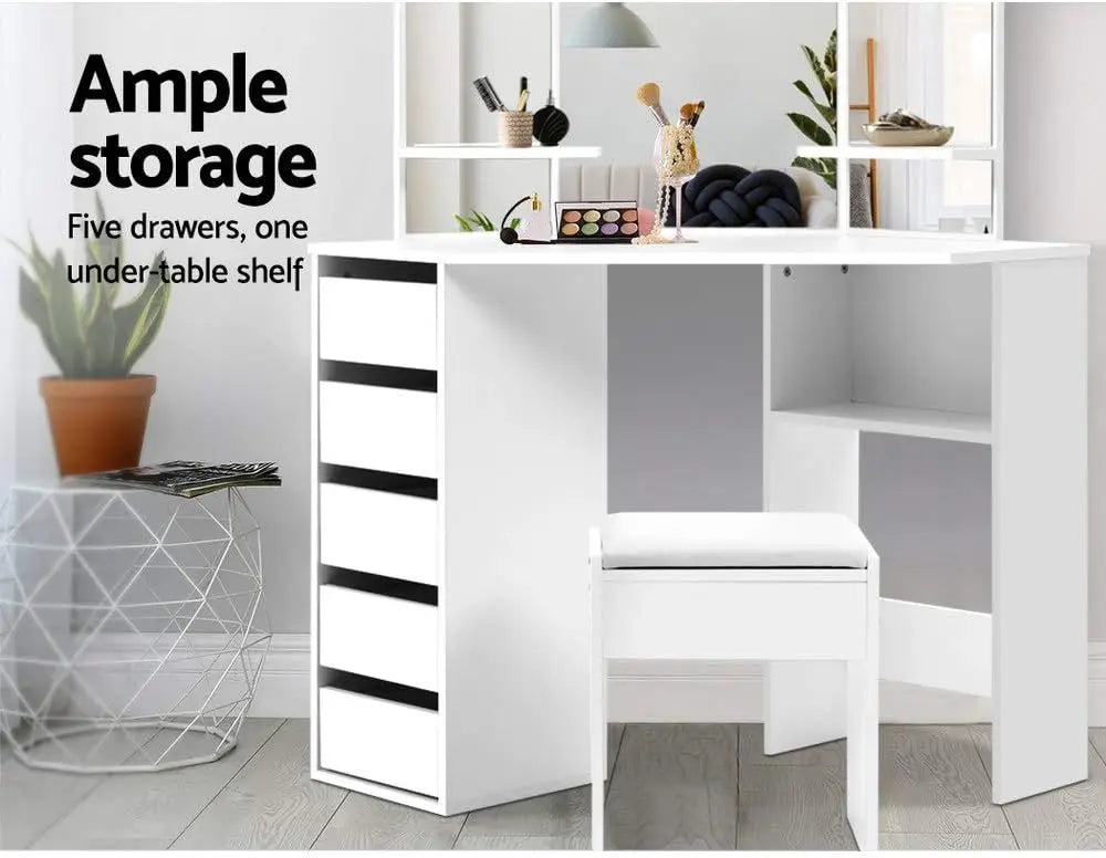 Nutshell Corner Vanity Desk 5 Drawers featuring ample storage and a sleek design for a stylish workspace