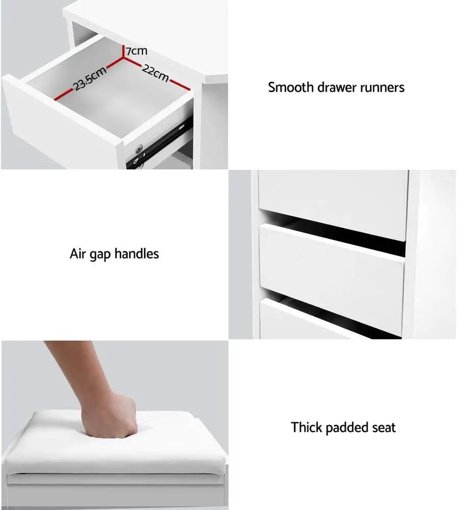 Nutshell Corner Vanity Desk 5 Drawers in white with smooth drawer runners and thick padded seat