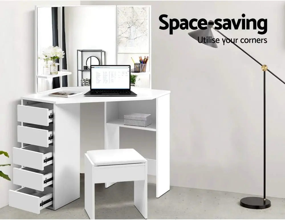 Nutshell Corner Vanity Desk 5 Drawers with Mirror and Modern Design for Efficient Space Usage