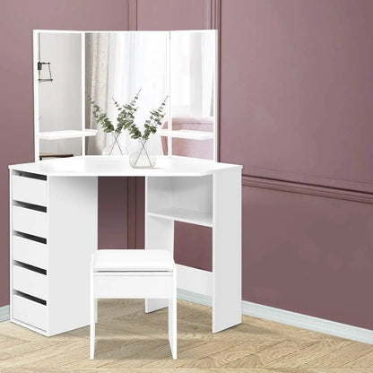 Nutshell Corner Vanity Desk 5 Drawers with a sleek design and large mirror for a stylish workspace
