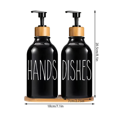 Nutshell black countertop soap dispenser set with wooden pump tops labeled hands and dishes on wooden tray