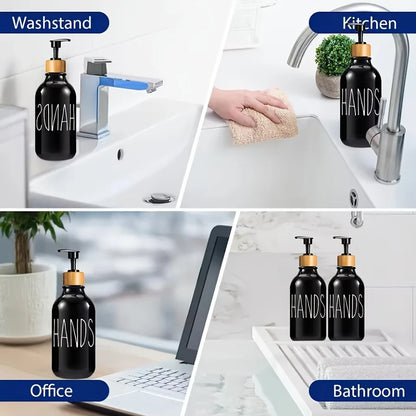 Nutshell countertop soap dispenser set with black pump bottles displayed in washstand kitchen office and bathroom settings