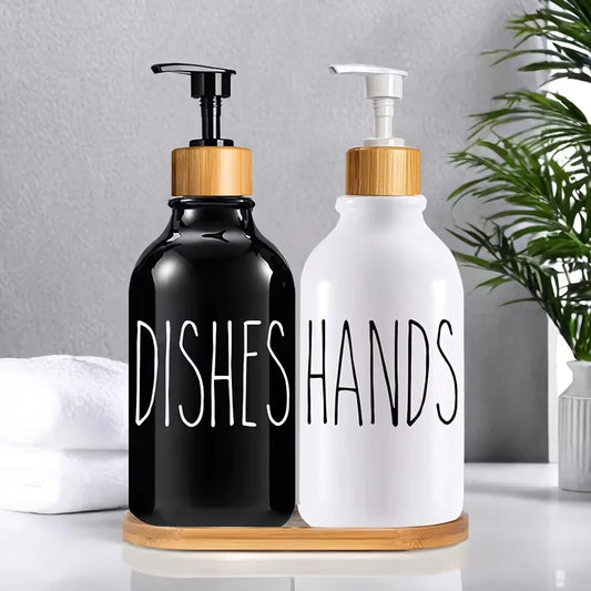 Nutshell countertop soap dispenser set with black and white bottles labeled dishes and hands with bamboo pumps