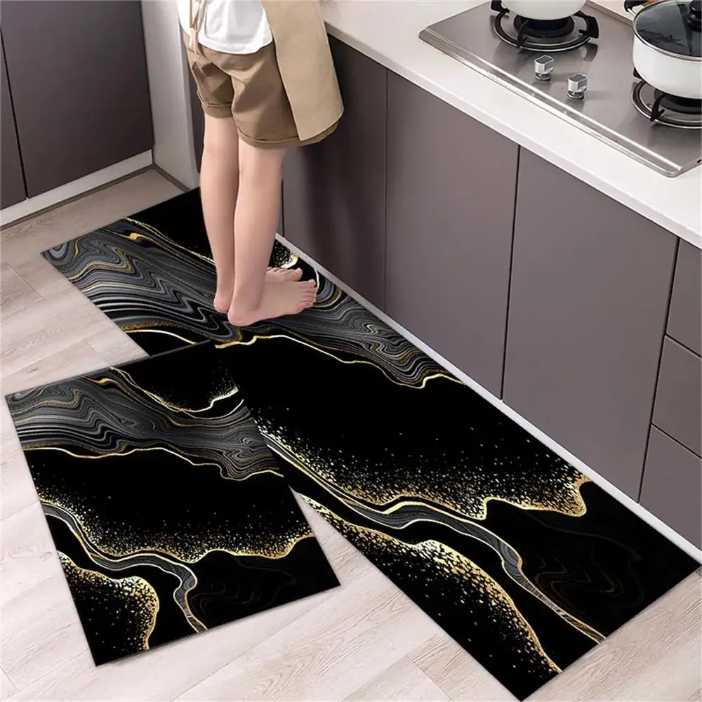 Nutshell black and gold marble kitchen runner set with cushioned backing for standing comfort Anti Slip Kitchen Floor Mat