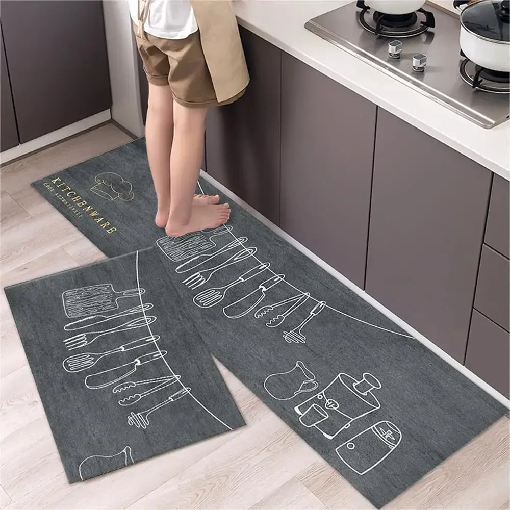 Nutshell gray kitchen rug set with utensils print and cushioned support Anti Slip Kitchen Floor Mat for cooking areas