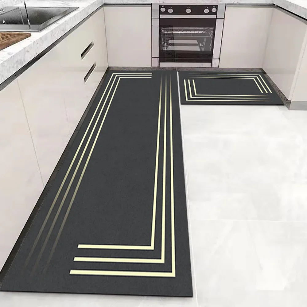 Nutshell Anti Slip Kitchen Floor Mat set dark gray runner and square mat with gold corner stripe design