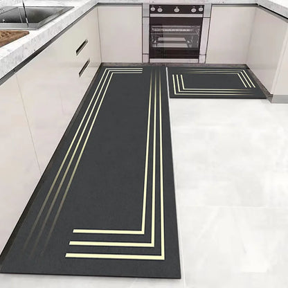 Nutshell Anti Slip Kitchen Floor Mat set dark gray runner and square mat with gold corner stripe design