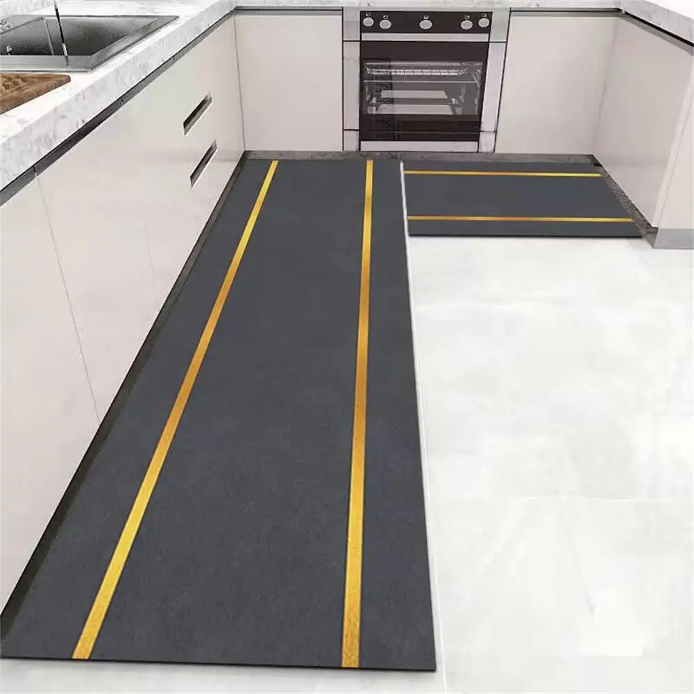 Nutshell Anti Slip Kitchen Floor Mat set gray long runners with gold stripes installed L shaped kitchen