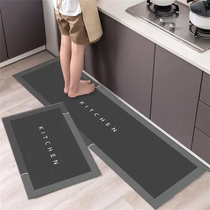 Nutshell Anti Slip Kitchen Floor Mat set dark gray runner and small mat in modern kitchen with bare feet