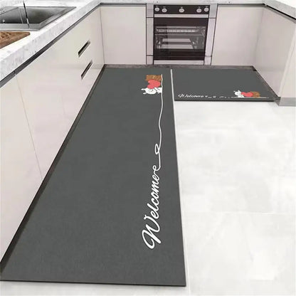 Anti Slip Kitchen Floor Mat Nutshell dark gray L shaped runner set with welcome script and cat design