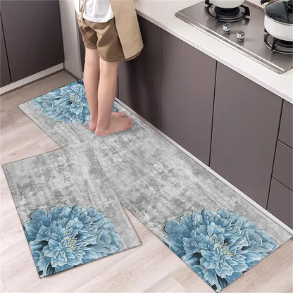Nutshell Anti Slip Kitchen Floor Mat set grey textured runner and L shaped mat with blue peony floral design