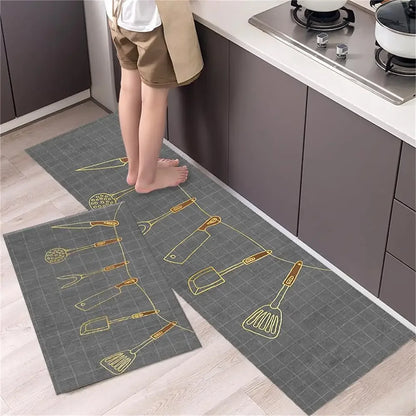 Nutshell Anti Slip Kitchen Floor Mat set gray runner with yellow utensil print placed by stove for comfort