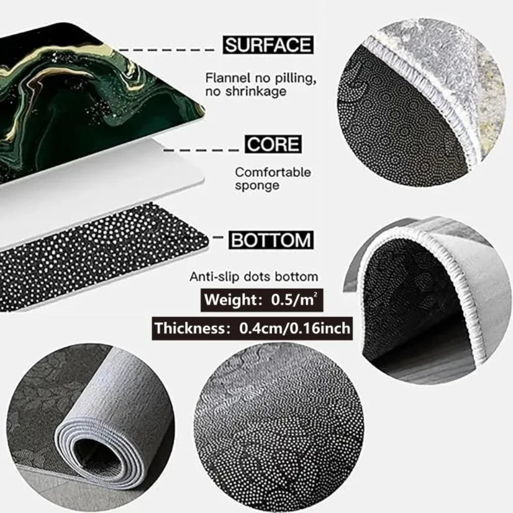 Nutshell Anti Slip Kitchen Floor Mat showing flannel surface, comfortable sponge core, dotted anti slip bottom and rolled views