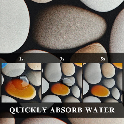 Nutshell kitchen organiser pebble patterned kitchen floor mats showing water droplet absorption at 1s 3s 5s