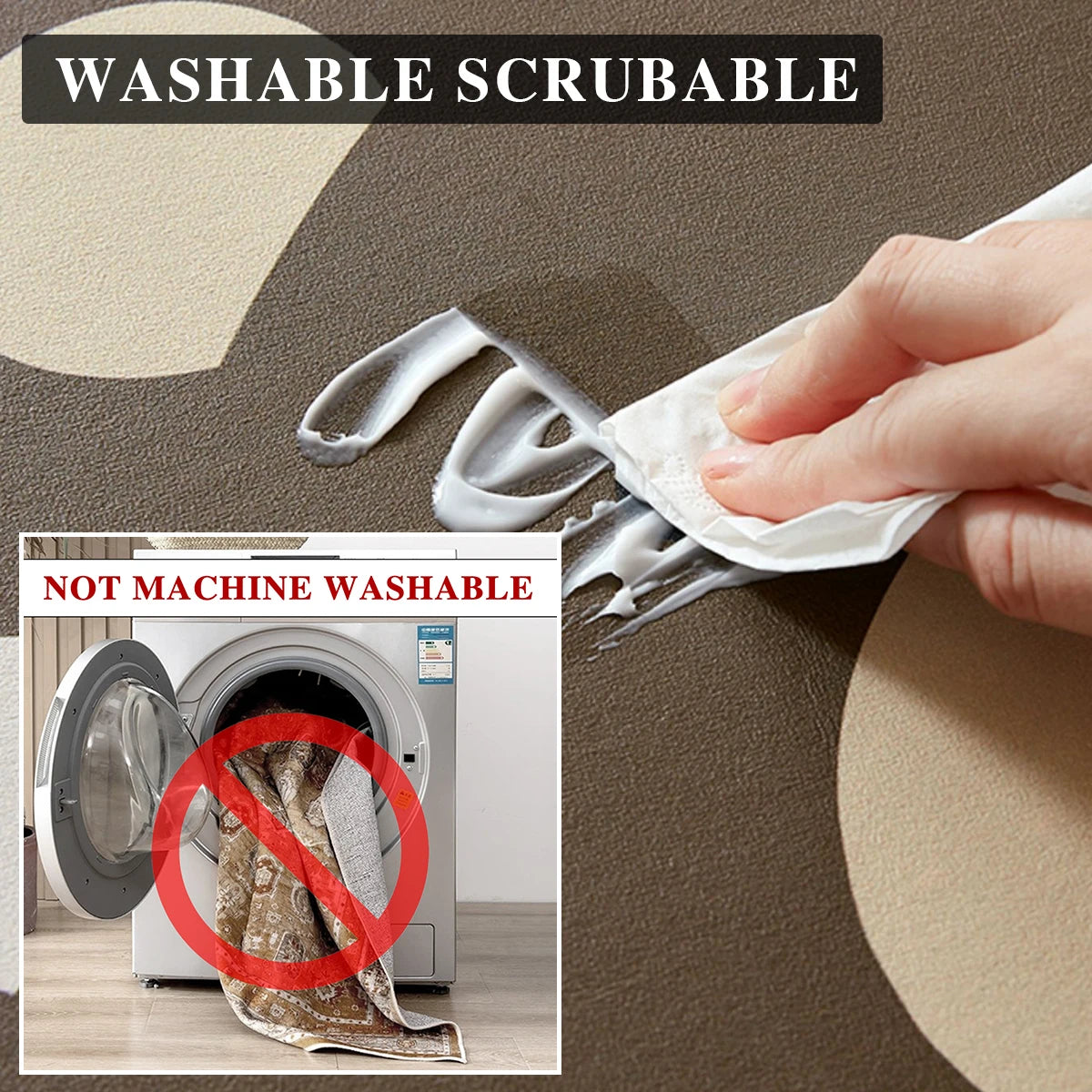 Nutshell kitchen floor mats being hand scrubbed to show easy washable surface with not machine washable warning