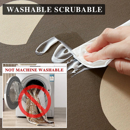 Nutshell kitchen floor mats being hand scrubbed to show easy washable surface with not machine washable warning