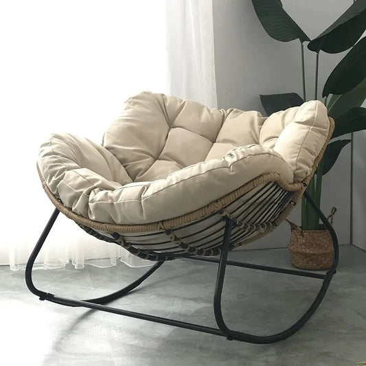 Nutshell lazy leisure rocking chair with cushion beige tufted papasan style wicker seat on black metal rocker frame