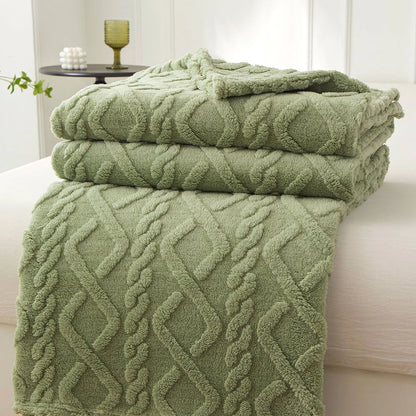Nutshell sage green plush cable knit warm sofa throw blanket folded on sofa for cozy living room