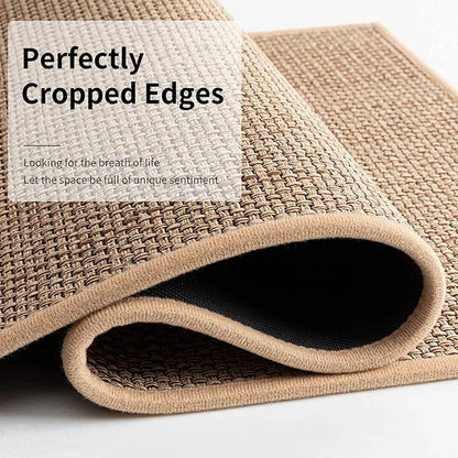 Nutshell beige woven rug close up rolled edge showing black backing and texture washable non-slip kitchen rug