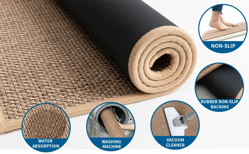 Nutshell washable non-slip kitchen rug rolled woven texture with rubber non-slip backing and machine washable