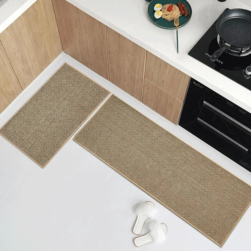Nutshell washable non-slip kitchen rug set beige woven runner with matching small mat for stove area