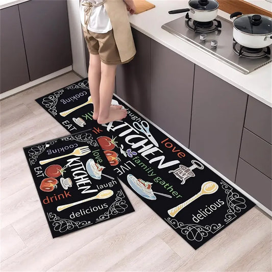 Nutshell anti slip kitchen floor mat set of two black cushioned mats with colorful food and utensil prints